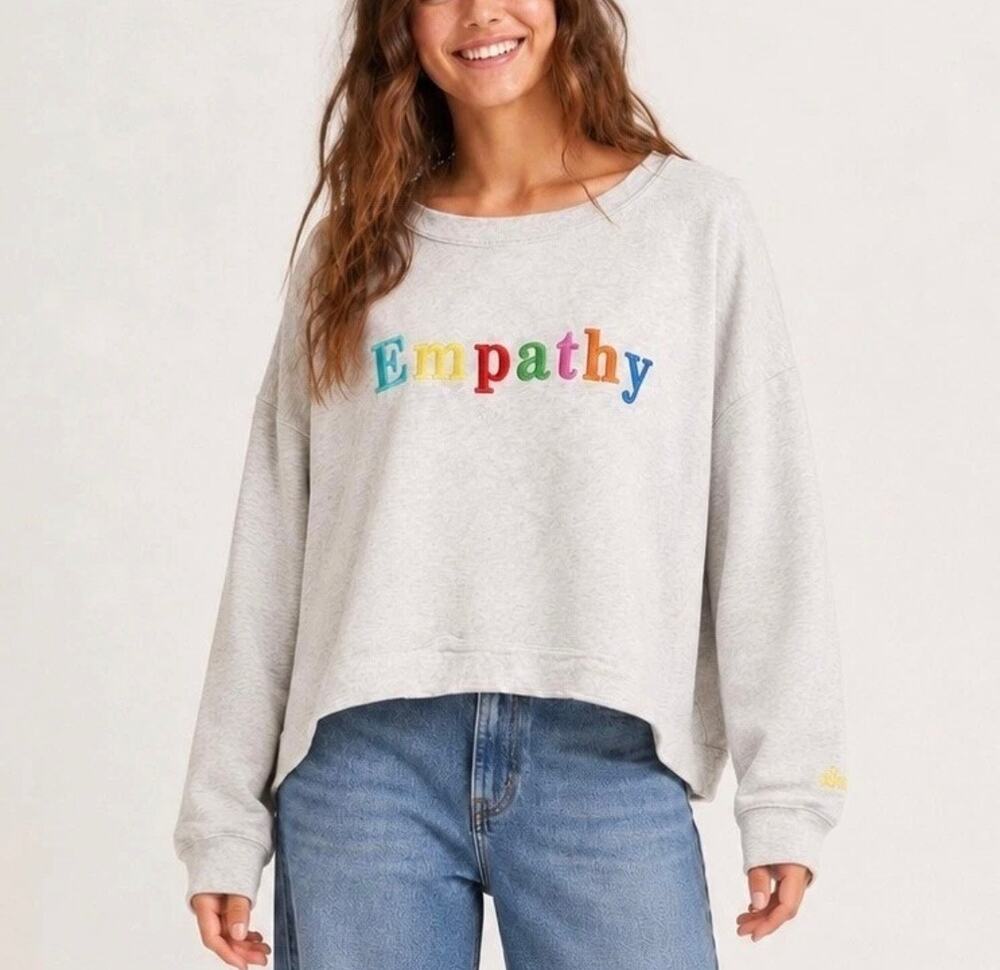 Mayfair Group Empathy Sweatshirt Gray Rainbow Embroidered Crew Neck Pullover S/M